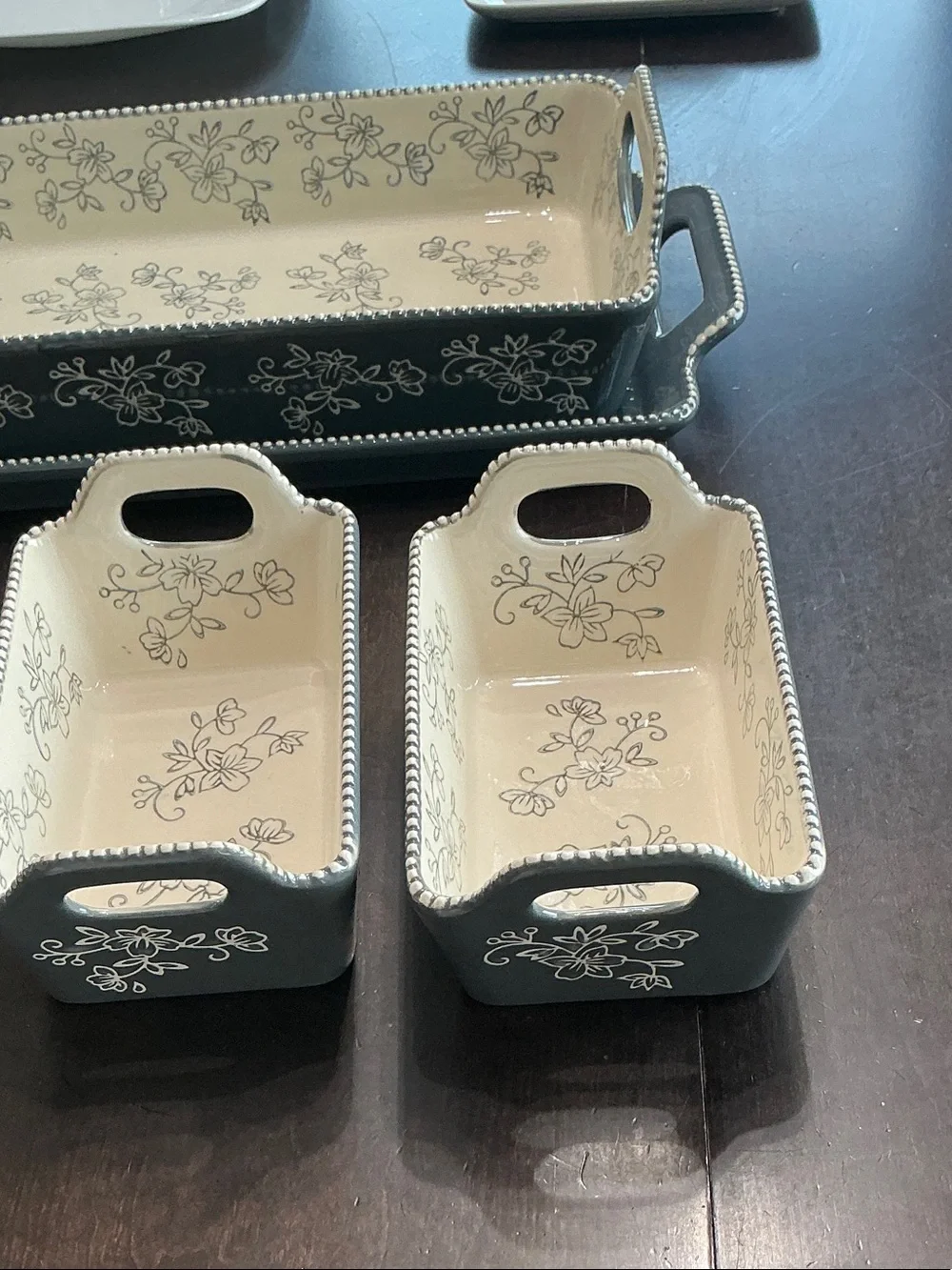 Temptations cream and black nested serving bowls and tray set
